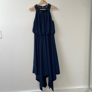 Anne Klein Asymmetrical Maxi Halter sleeveless Dress, navy blue size 6